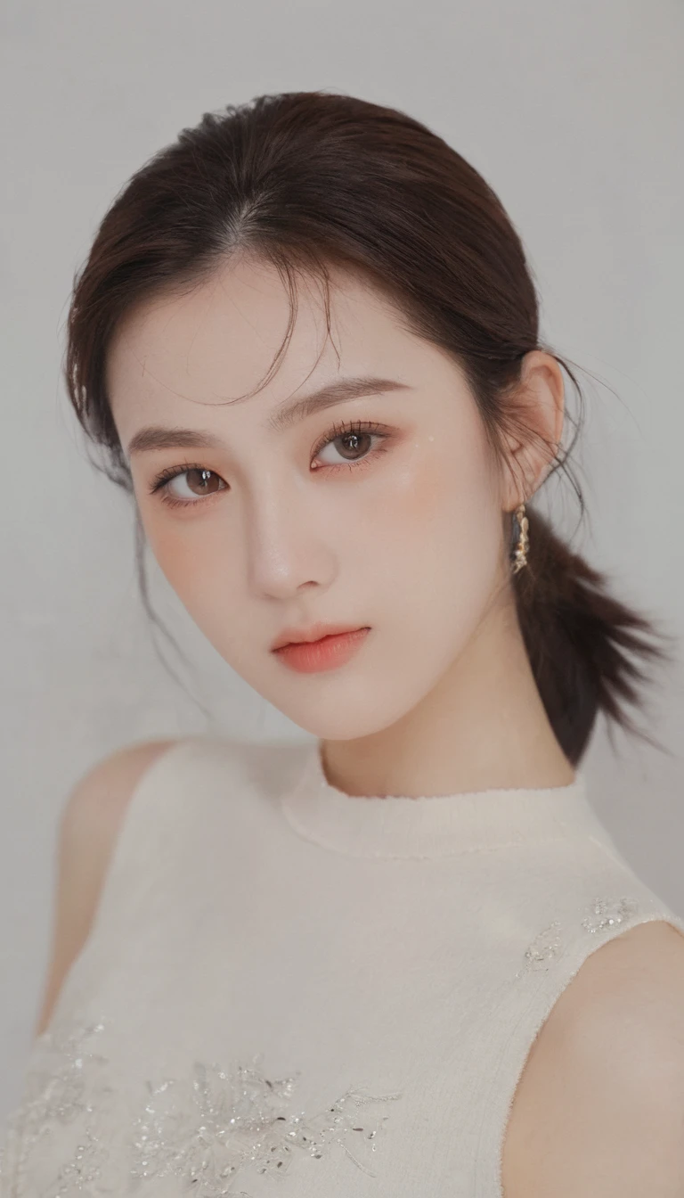 xxmixgirl, Analog Style, Eye focus, Highest quality, (Very detailed skin), Exquisitely beautiful white skin photos, 21 years old, Shortcuts、Perfect Face, Captivating eyes, (Seductive makeup: 1.3), Skin pores, (Bokeh:1.5), Sharp focus, Dappled Lighting, (Backlight), Film Grain, (Very detailed, Exquisitely crafted), 8k, High resolution, Front view, Studio Light, Very detailed顔, Fine grain, (double eyelid: 1.4), Aristogle, Brown eyes, (commercial: 1.6), (Seductive makeup), ((White studio background: 2))
