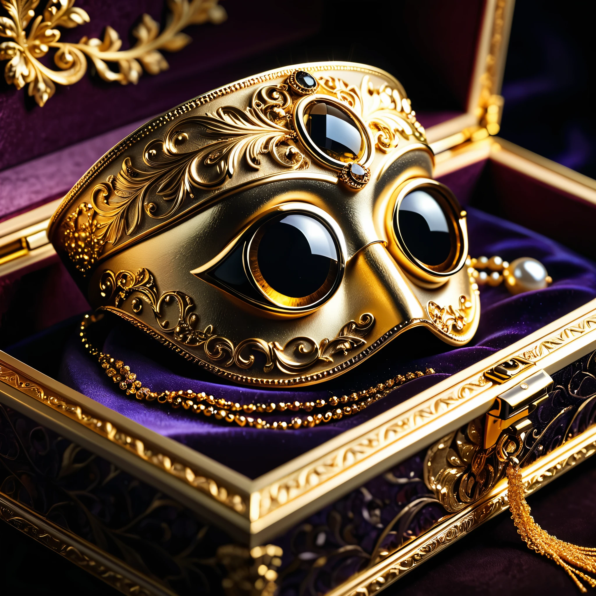 a gold eye patch in a jewelry box, detailed luxury jewelry box, highly detailed, hyper realistic, 8k, photorealistic, intricate detailing, beautiful lighting, dramatic shadows, warm golden tones, ornate design, reflective surfaces, velvety textures, sparkling gems, elegant composition