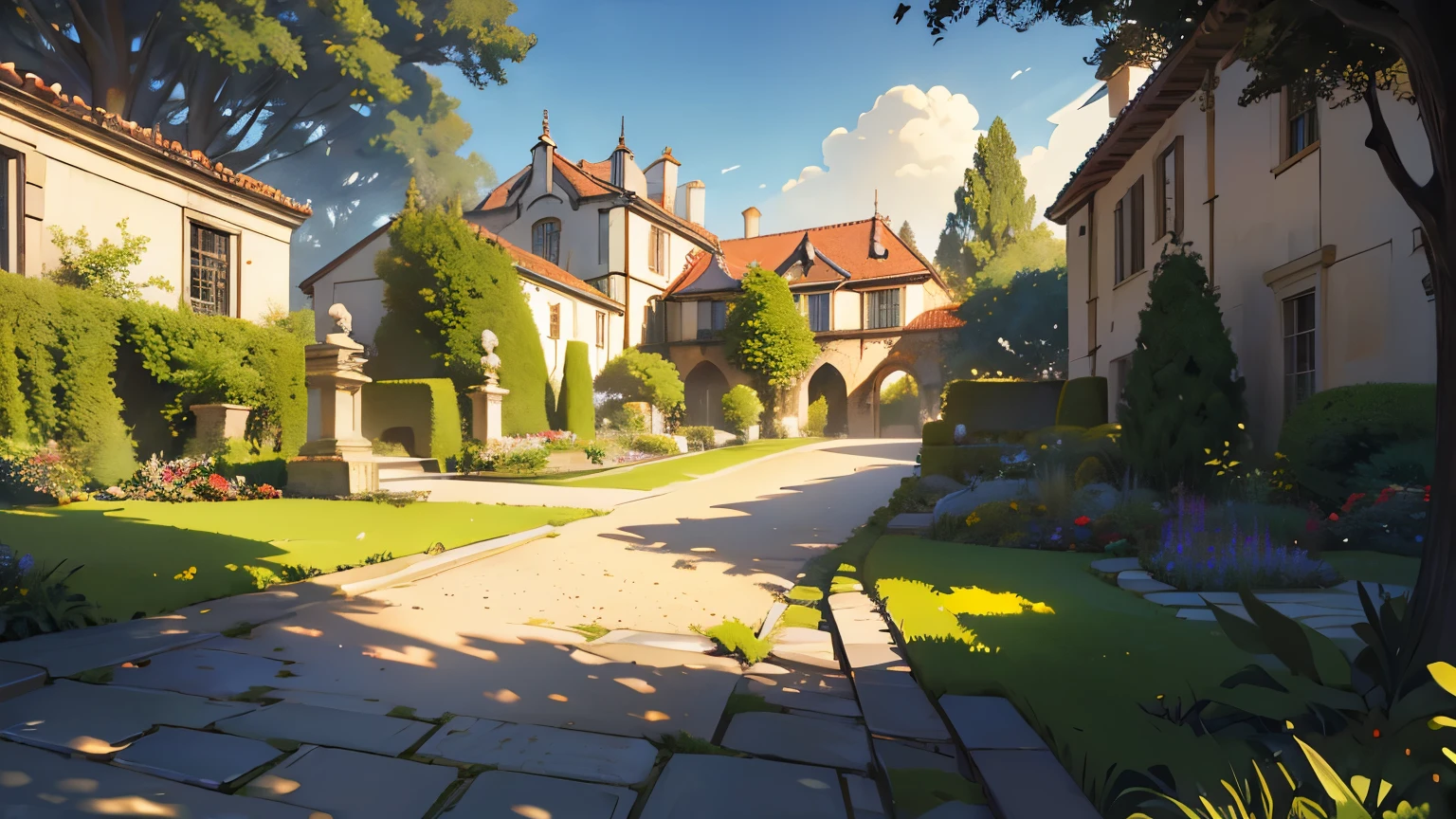A highly detailed, photorealistic, hyper-realistic painting of a sprawling vineyard in the grounds of a grand manor, masterpiece, cinematic lighting, 8k, hyperdetailed, ultra-detailed, sharp focus, physically-based rendering, professional, vivid colors, dramatic lighting, lush foliage, rolling hills, ornate architecture, cobblestone paths, sun-dappled scenery, atmospheric haze, golden hour lighting, dramatic shadows, intricate textures, painterly brushstrokes