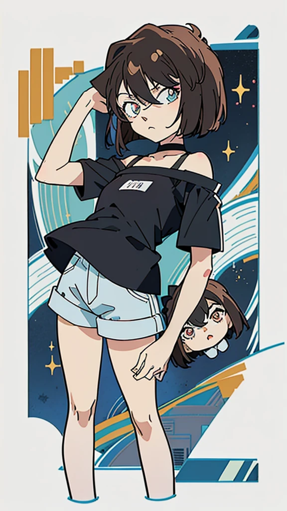 anime style, (1girl in, Solo:1.0), (Haibara Ai), ((Short pants)), (((Big eyes))), (Cute anime girl head), (flat chest),looking at viewer,With a height of 100cm, shoot from front, (head shot), Simple line minimalism, Abstract Art, City background