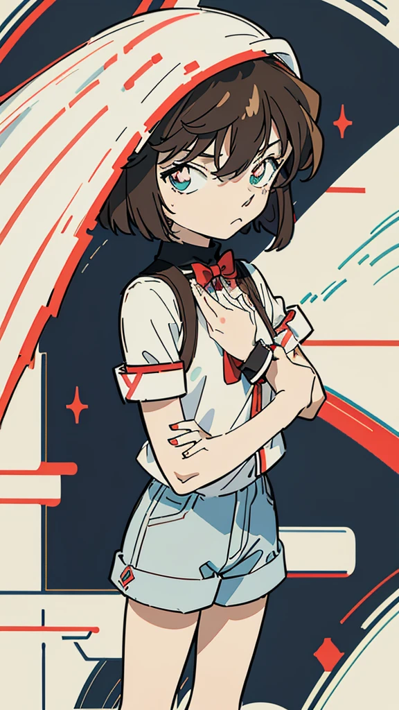 anime style, (1girl in, Solo:1.0), (Haibara Ai), ((Short pants)), (((Big eyes))), (Cute anime girl head), (flat chest),looking at viewer,With a height of 100cm, shoot from front, (head shot), Simple line minimalism, Abstract Art, City background