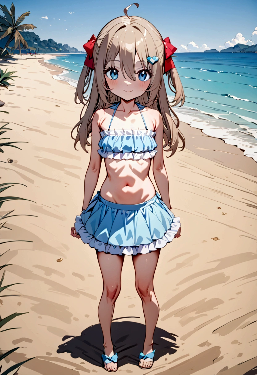masterpiece), best quality, 8k,(neuro-sama),(flat chest),fullbody,frilly bikini skirt, blue bikini,frilly bikini top,standing straight,beach,smiling,1girl,facing viewer,neuro_sama,toned stomach,
