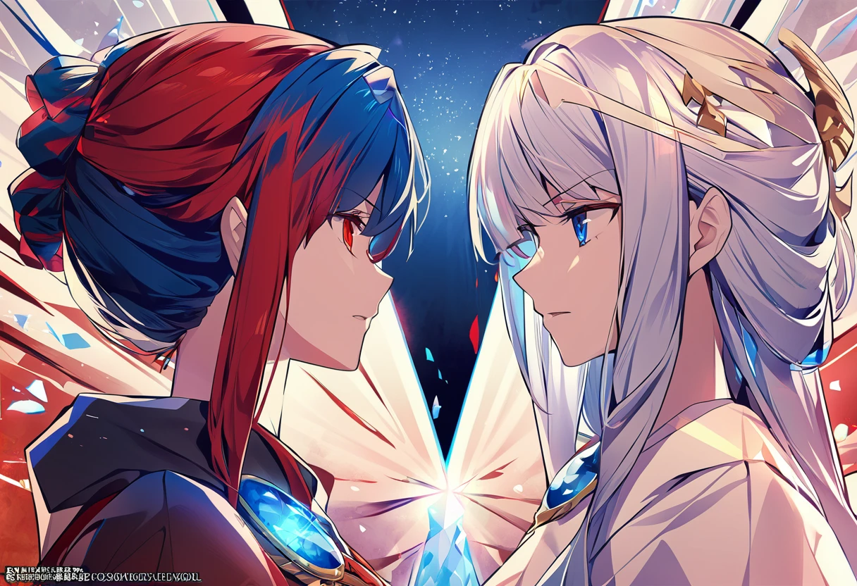 Two girls, blue haired goddess, red haired goddess, facing each other, conflict, blue jewel, blue world, blue light, red jewel, red world, red light,