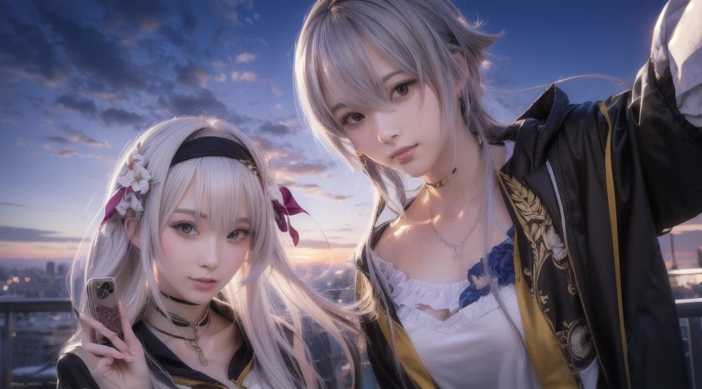 anime characters posing for a picture in front of a city