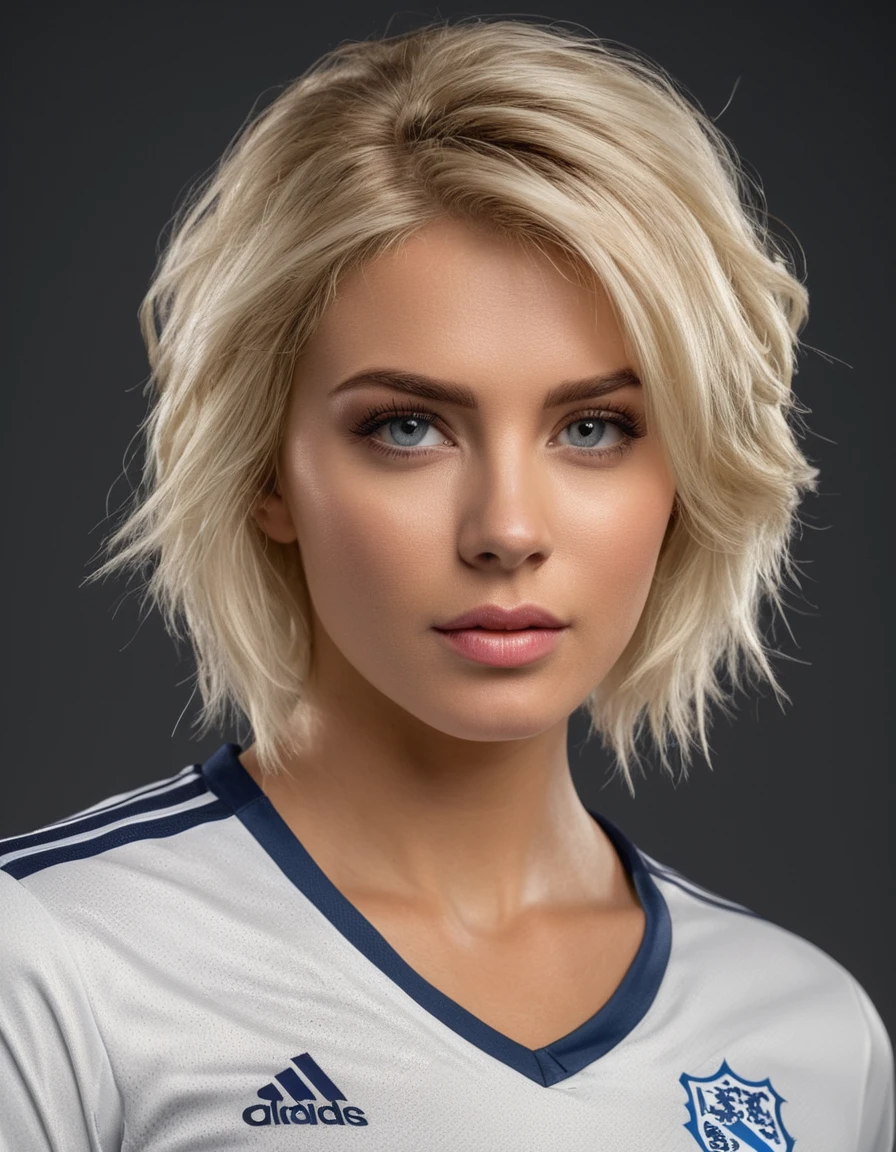 beautiful blonde woman wearing a tight England football shirt and lace gstring panties, full body picture, intricate detailed face, perfect body, athletic body, beautiful detailed eyes, beautiful detailed lips, long eyelashes, muscular athletic figure, dynamic action pose, (best quality,4k,8k,highres,masterpiece:1.2),ultra-detailed,(realistic,photorealistic,photo-realistic:1.37),HDR,UHD,studio lighting,ultra-fine painting,sharp focus,physically-based rendering,extreme detail description,professional,vivid colors,bokeh,sports,football,portrait, (messy bob hairstyle, white blond hair color), messy hairstyle, messy bob, messy hairstyle, white blond, 5 foot 3 inches tall, 110 pounds in weight, 34G breasts, large firm round breasts, very large breasts, cleavage, photorealistic, 4K, 8K, UHD, long shot,
