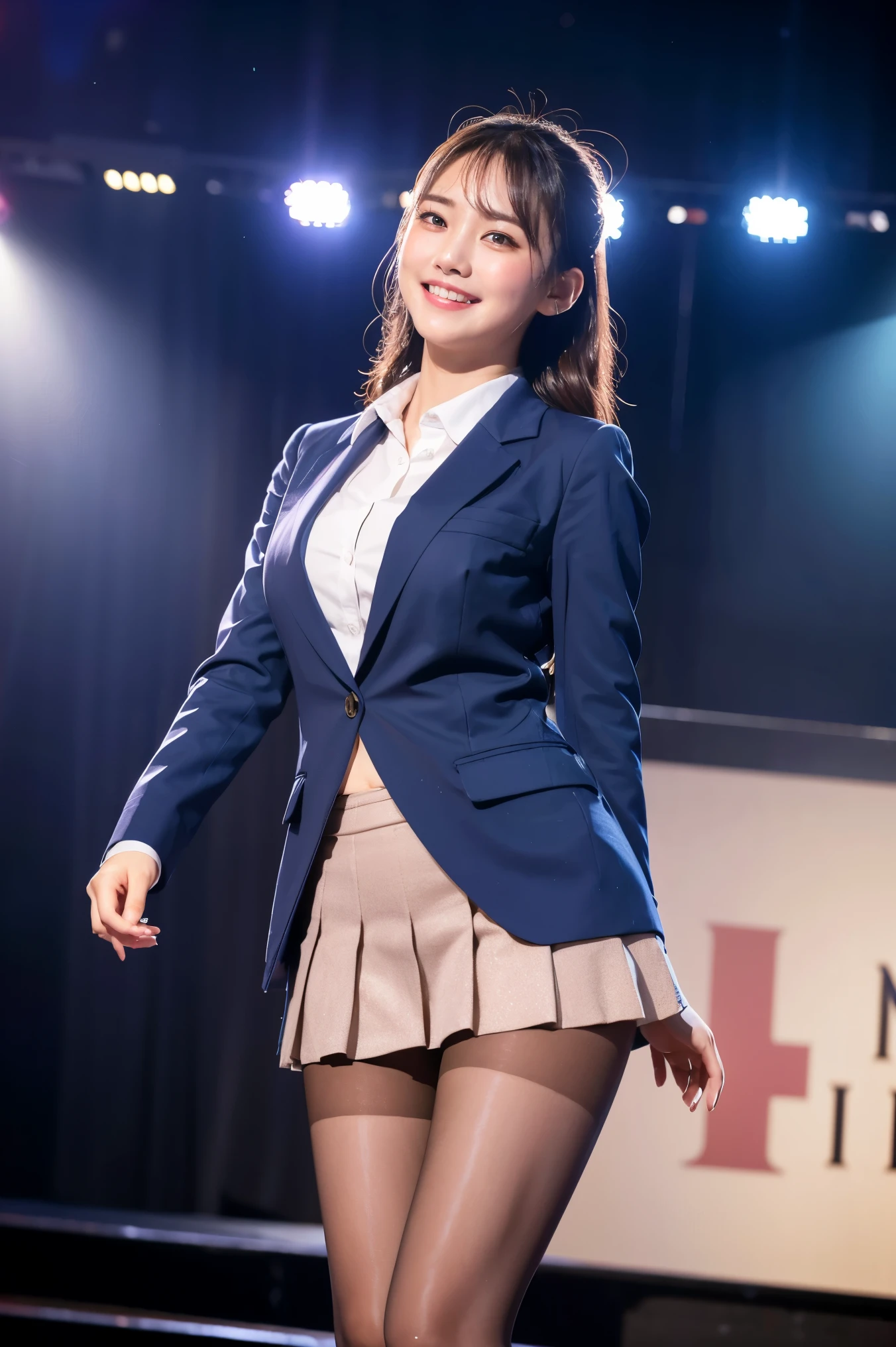 (8k), (highest quality: 1.2), (Realistic), (Realistic: 1.37), Ultra-high resolution, 1 girl, cute, (Embarrassed smile:1.2), (Blushing:1.4)Mouth closed, Beautiful details, Beautiful Nose, Wet Hair, Giant Dulcefo, pork, Thighs,Navel exposed,University Student Uniform,A simple blazer,Pleated skirt,Platform boots,Dancing on the school stage,(Shiny Thighs:1.2),Medium Shot,(Thick thighs:1.2),Super Low Angle, natural pantyhose ,My whole body is wet with sweat,Dance vigorously,