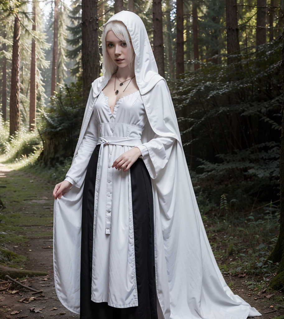 Girl with white hair. Slender girl. Thin waist. In a fantasy world in the Forest. White skin. Height 166cm. 16 years. White skin. Albino. Fantasy clothing. Gothic clothing. Clothes for travel. Cloak with hood. Black clothes. Comfortable clothes. High quality. Masterpiece. Ruby necklace.