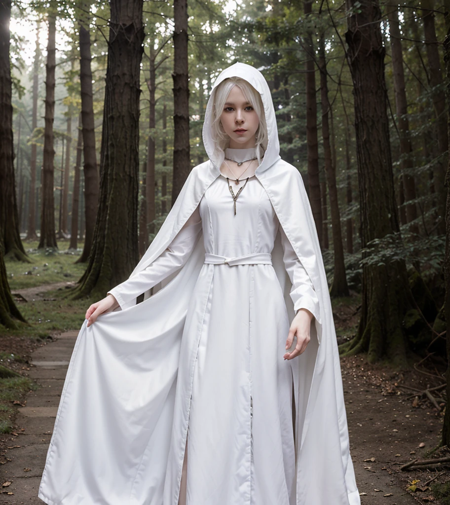 Girl with white hair. Slender girl. Thin waist. In a fantasy world in the Forest. White skin. Height 166cm. 16 years. White skin. Albino. Fantasy clothing. Gothic clothing. Clothes for travel. Cloak with hood. Black clothes. Comfortable clothes. High quality. Masterpiece. Ruby necklace.