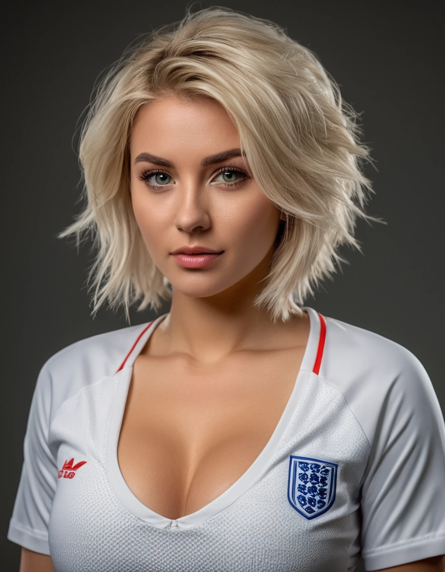 beautiful blonde woman wearing a tight England football shirt and lace gstring panties, full body picture, intricate detailed face, perfect body, athletic body, beautiful detailed eyes, beautiful detailed lips, long eyelashes, muscular athletic figure, dynamic action pose, (best quality,4k,8k,highres,masterpiece:1.2),ultra-detailed,(realistic,photorealistic,photo-realistic:1.37),HDR,UHD,studio lighting,ultra-fine painting,sharp focus,physically-based rendering,extreme detail description,professional,vivid colors,bokeh,sports,football,portrait, (messy bob hairstyle, white blond hair color), messy hairstyle, messy bob, messy hairstyle, white blond, 5 foot 3 inches tall, 110 pounds in weight, 34G breasts, large firm round breasts, very large breasts, cleavage, photorealistic, 4K, 8K, UHD, long shot,
