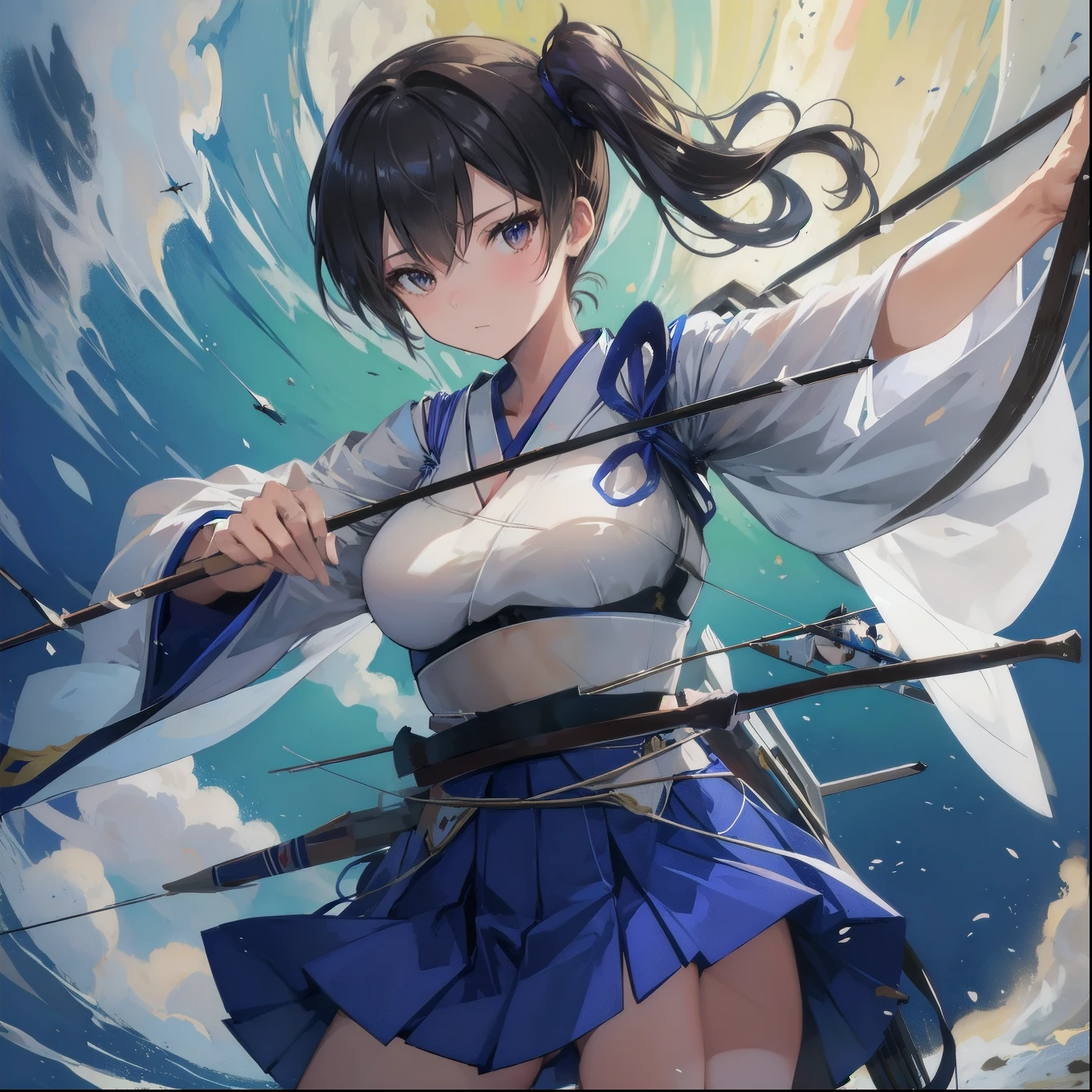 Kaga(Fleet Collection),highest quality, masterpiece, High resolution,kimono,blue skirt,side ponytail,big_breasts,solo,Japanese_bow&arrow,dynamic_posing,half_eyes,solo