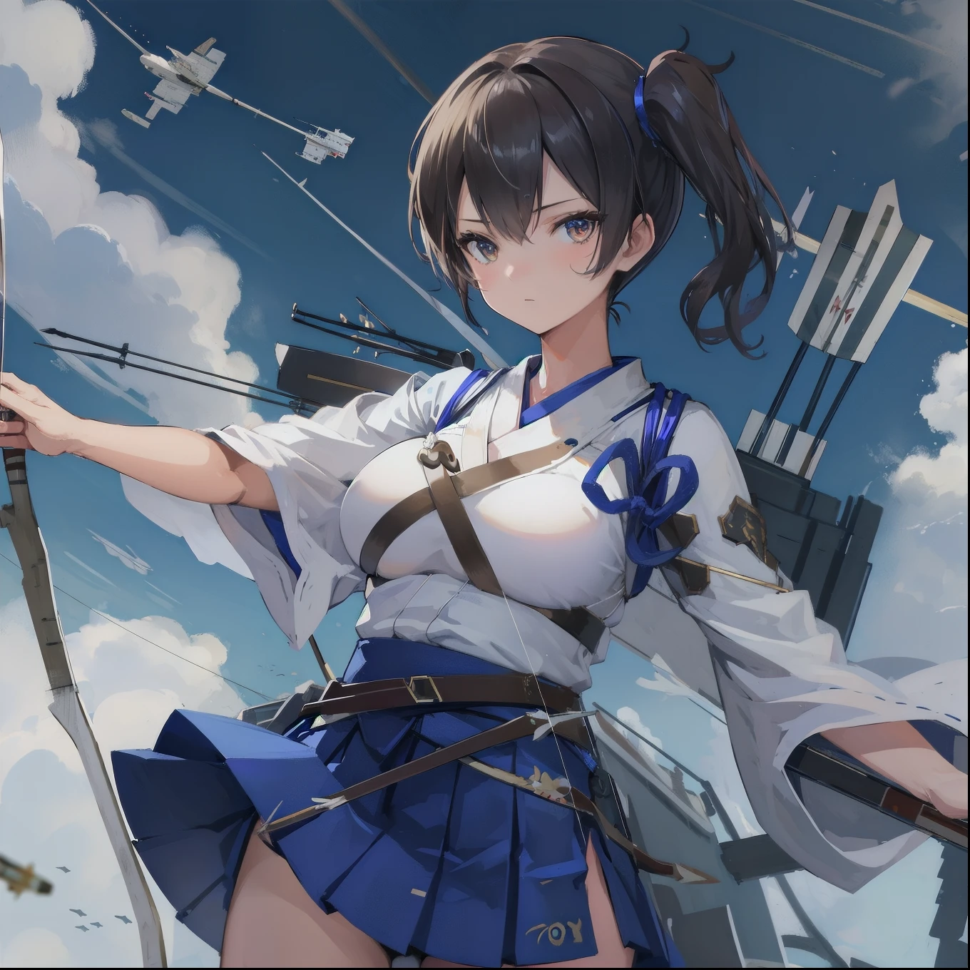 Kaga(Fleet Collection),highest quality, masterpiece, High resolution,kimono,blue skirt,side ponytail,big_breasts,solo,Japanese_bow&arrow,dynamic_posing,half_eyes,solo