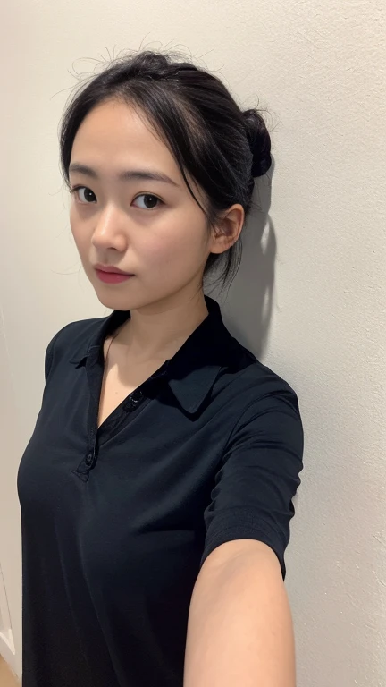 high quality,masterpiece,Ultra-high resolution,(Realistic:1.4),Beautiful lighting, (Highly detailed CG Unity 8k wallpaper), Beautiful face in every detail,Detailed clothing, 50mm portrait photography, No background、One Girl,Big black eyes, cute, young, Pause, Facial Lighting, Physically Based Rendering,Written boundary depth , Black Hair, (Short bun hair), ((Take from above)), Japanese women、20-year-old、Sailor suit、(Big Breasts)、(Upper Body)、Beautiful young woman taking a selfie, Taken with iPhone camera、In front of a white wall