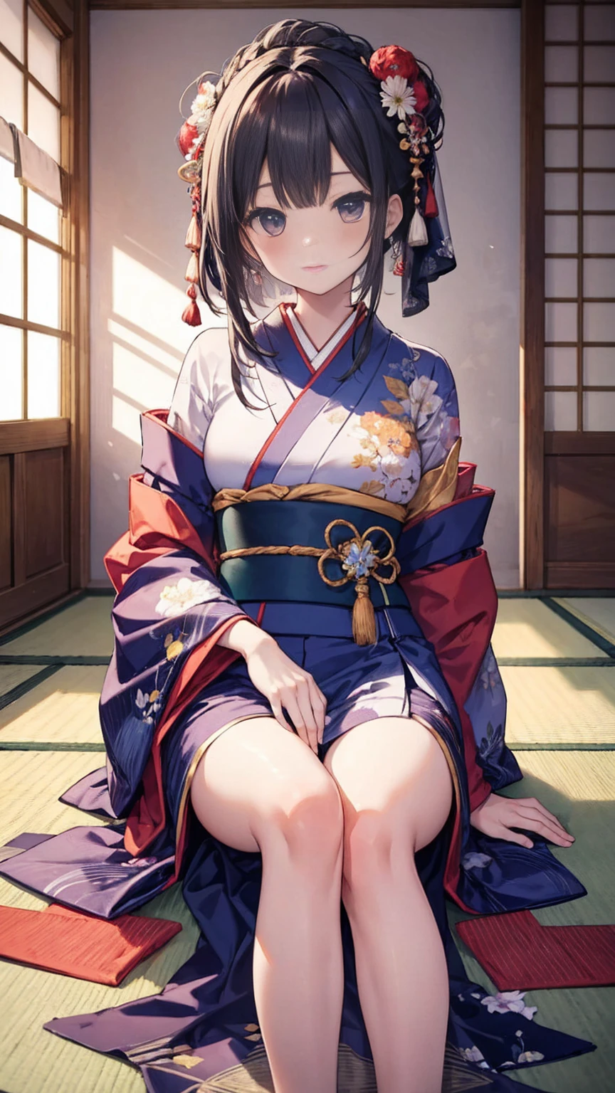 Meiji tatami、Shoulder、Black Hair、hostel、kimono、stand、barefoot、skirtlift,pink panty