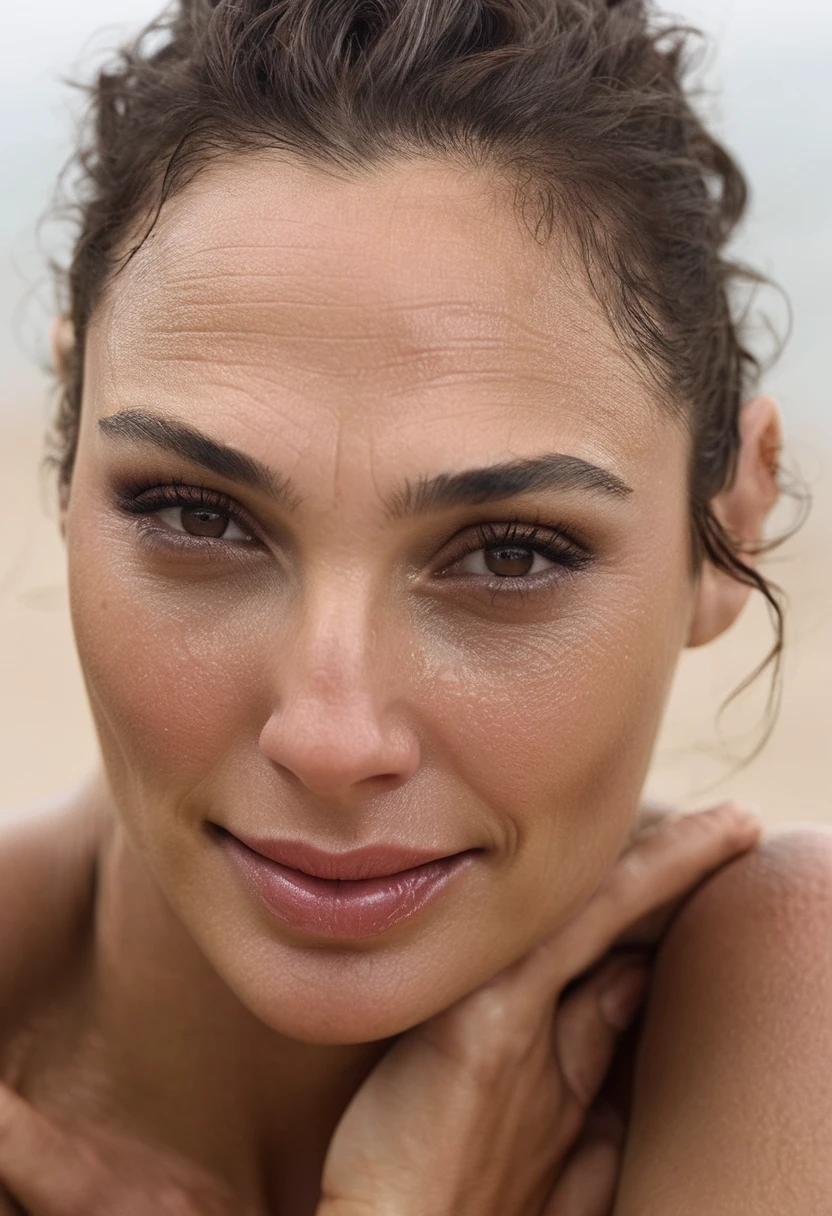  high quality  Erotic shot , ( GalGadot , oily skin, sensual detailed ultra realistic  skin texture  ) high quality celebrity erotic photograph , award winning photo, nude, sunny, shiny sweaty skin, on beach, celebrity, female,  woman  fleshy muscular woman  , ( natural lights, depth of field, insanely detailed skin texture, hyper detailed features )