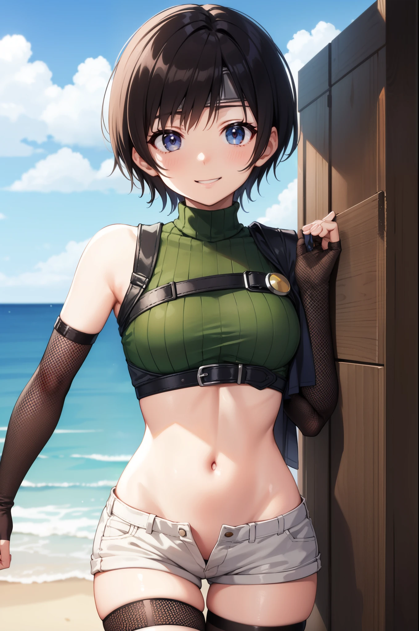 yuffiekisaragi, Yuffie Kisaragi,Haircuts, pixie cut,
壊す crop top, fingerless gloves, fishnet Thighhighs, fishnet, forehead protector, gloves, head band, belly button, short shorts, shorts, single sleeve, single thigh high, No sleeve, No sleeve turtleneck, Thighhighs, turtleneck,
bench、blue sky、smile, solo