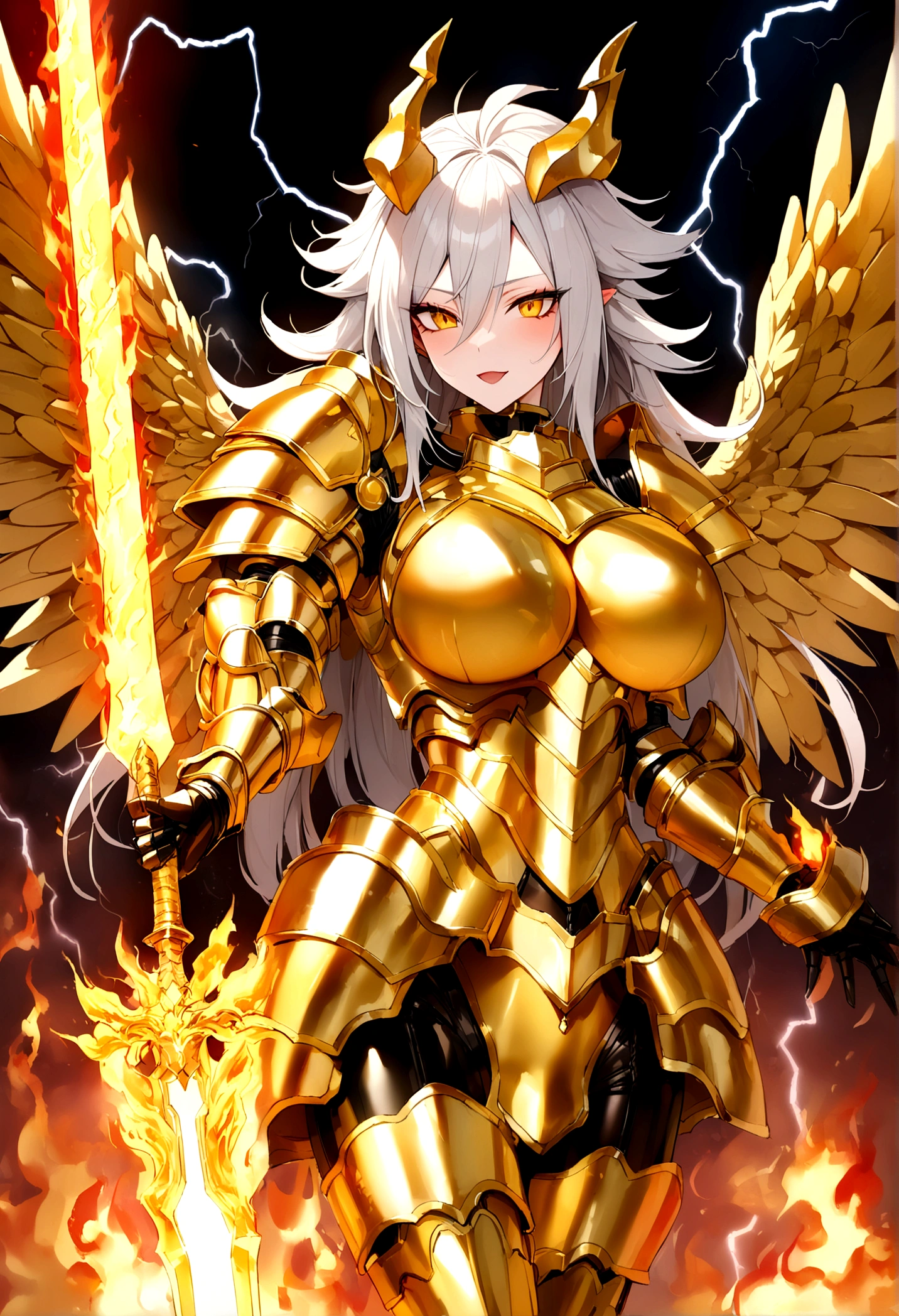 ((Lightning Power)), ((Electricity)), ((Fire Background)), ((Lightning Storm)), ((Power Erupting)), ((((android 21 Evil)))), (((Evil Power))), (((white Coat))), (((Busty))), (((((Big breast:1,3)))), luxury bustier corset, (((silver hair))), (((Very slim waist))), propotional body, ((Gorgeous)), (((Fire Blazing Horns))), ((((gold wings))), masterpiece, hyperdetail, ambient effect, digital effect, (((FIRE SWORD)), (((Lightning Sword))), (((Fire Gold Armor))), (((Lightning Gold Wings)))
