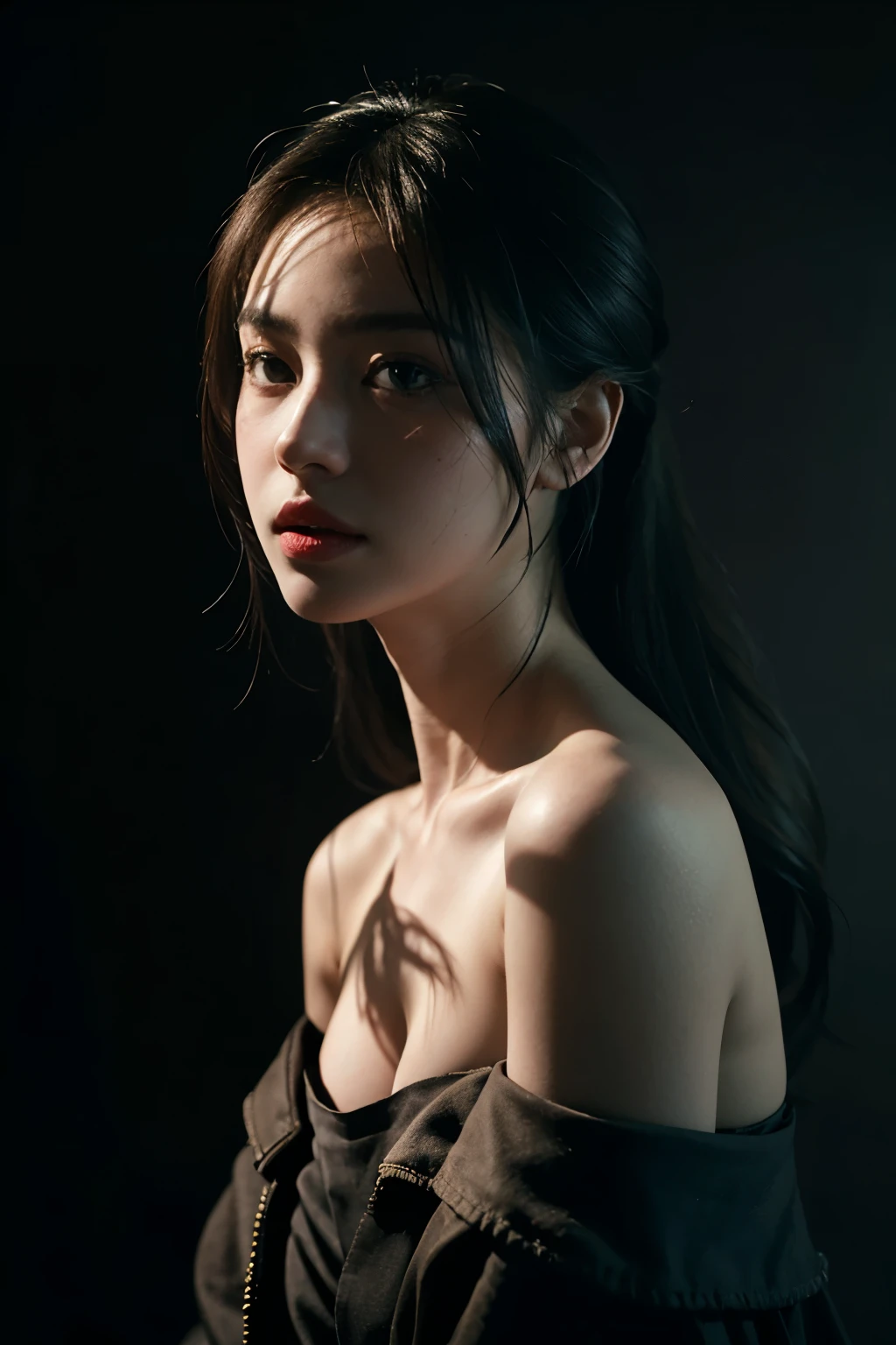 Best quality, masterpiece, ultra high res, (photorealistic:1.4), raw photo, 1girl, offshoulder, deep shadow, low key, cold light, chiaroscuro, dark studio, grey background