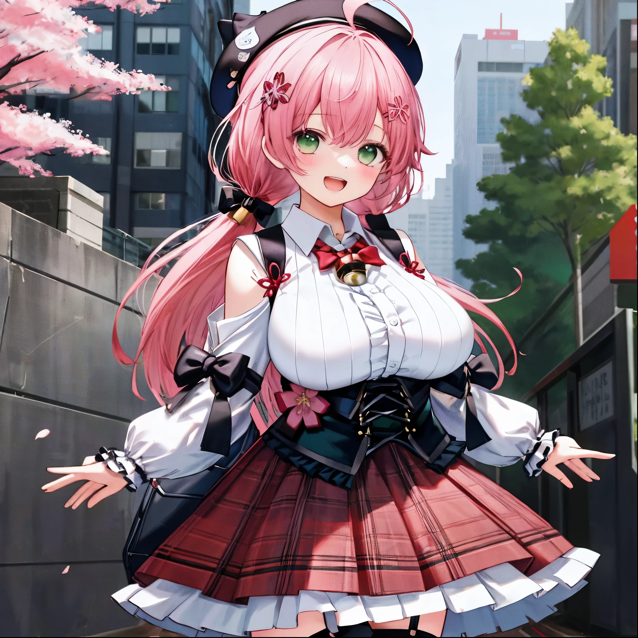 masutepiece, Best_Quality, hight_resolution, miko2,Ponytail, 1girl, Ahoge, black headwear, Hair Ornament, White shirt, black thighhighs, Pink hair, Red_skirt, very_short_skirt, plaid skirts, garter_strap, Collared shirt, hair clips, frilld, Bangs, hair between eye, frills skirt, beret, Pleated skirt, Hair Flower, Neck bell, , puffy long sleeves, Black bow, Underbust, Cowboy Shot,Smile, (gigantic_breasts:1.3),covered_nipples, covered_pussy,green_eyes, happy, childlike_posing,spread_legs,(big_smile:1.2),plump,open_mouth,shout,half_eyes,cherryblossom_park_background,