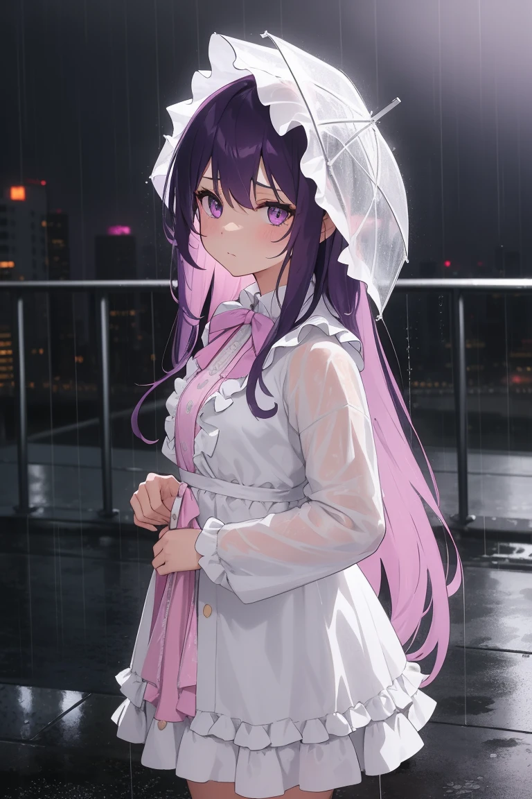 A girl, looking at viewer, long purple hair, standing in the rain, sad, (white idol costume), pink ribbon, frill, her hair are soaked from the rain, rainy cityscape, with raindrops falling around her. The overall mood is melancholic but serene.