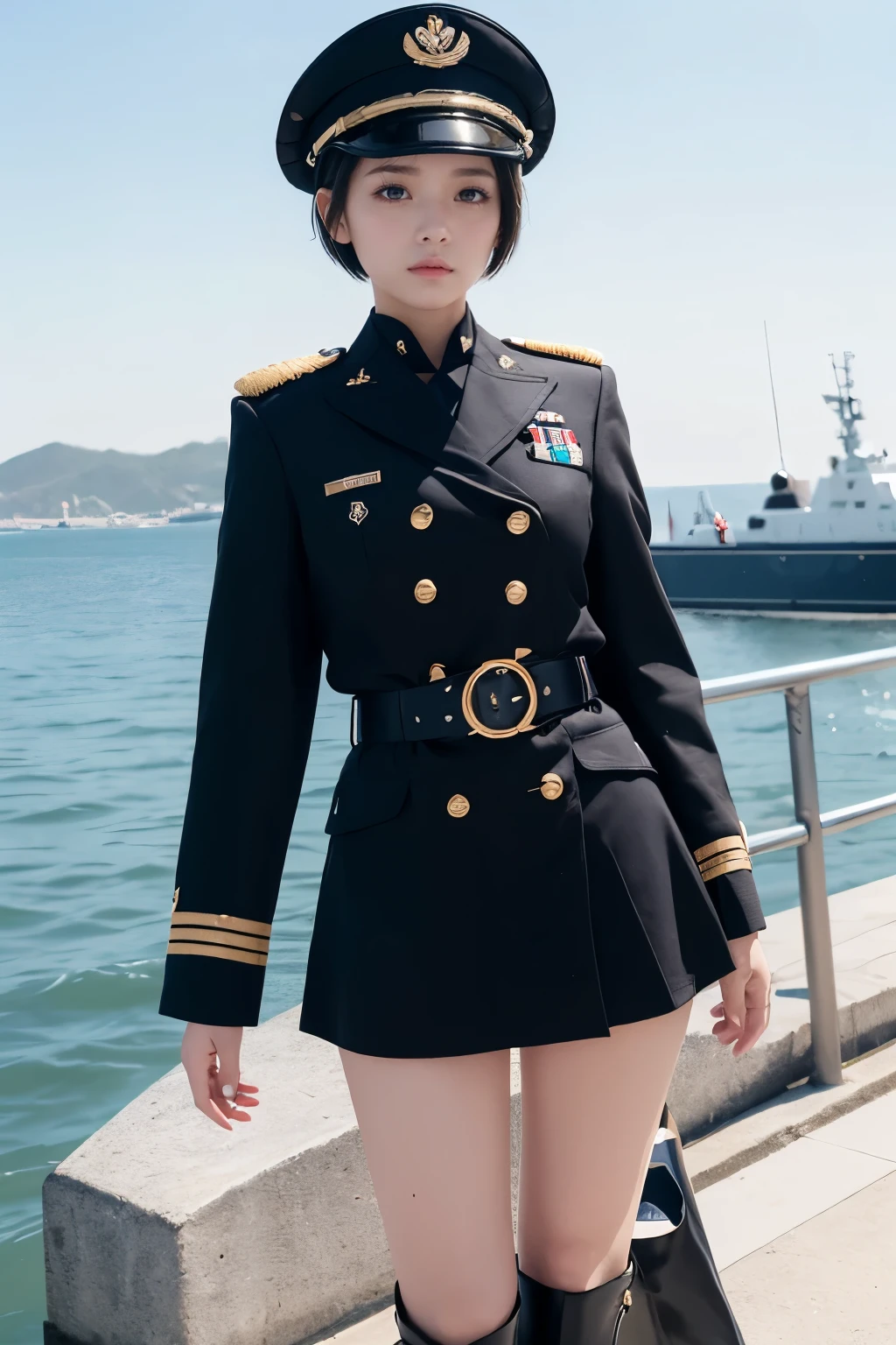 One girl、short hair(pale black)、Navy uniform(white)、Epaulettes(white、black、gold)、belt、mini skirt(black)、Buckled short boots(black)、Are standing、Up to the kneeilitary port、Dock、A moored submarine in the background4Only