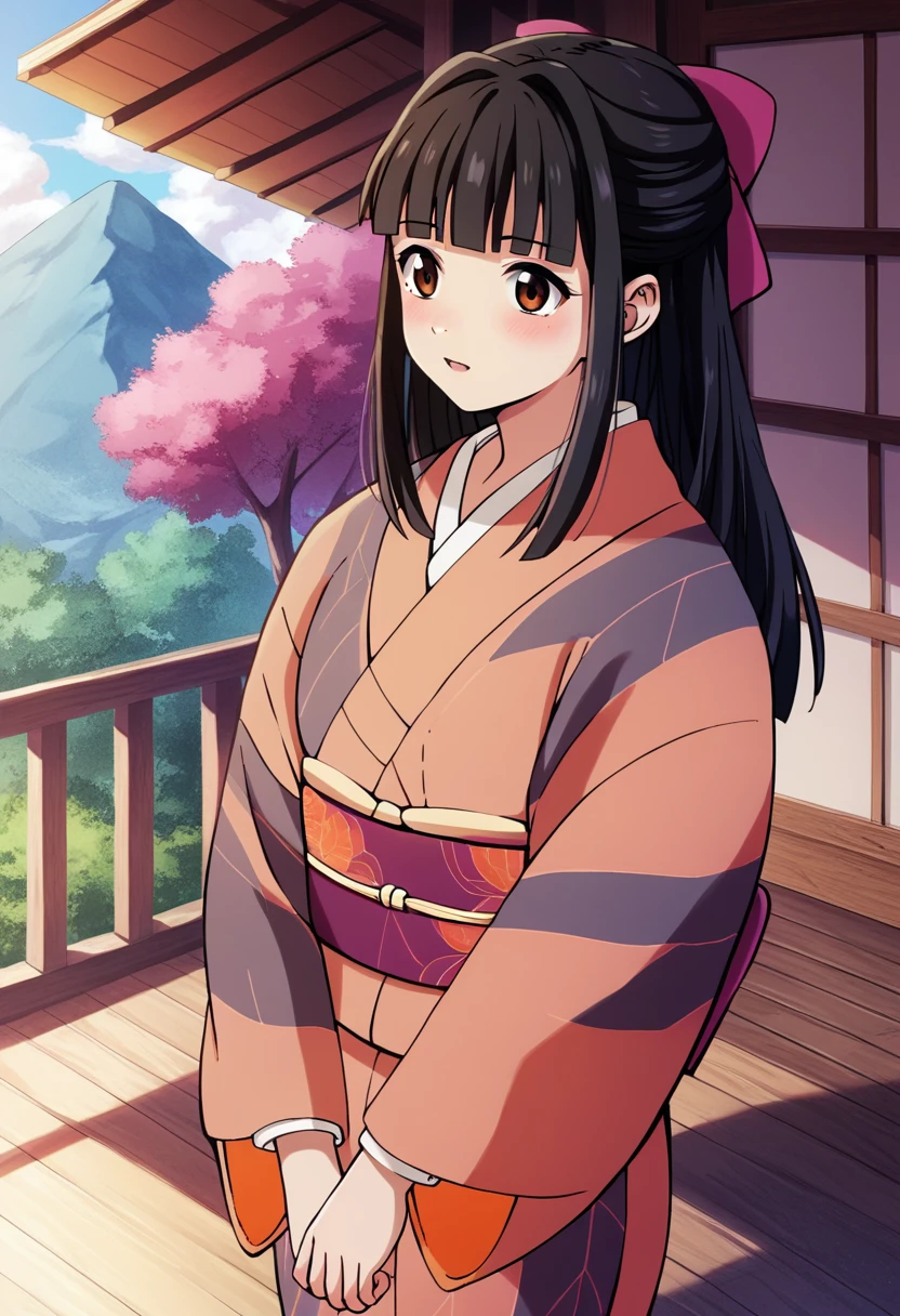 ryuga_sayo, black hair, long hair, blunt bangs, japanese clothes, hair bow, brown eyes, ribbon