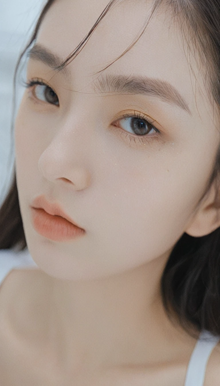 xxmixgirl, Analog Style, Eye focus, Highest quality, (Very detailed skin), Exquisitely beautiful white skin photos, 21 years old, Shortcuts、Perfect Face, Captivating eyes, (Seductive makeup: 1.3), Skin pores, (Bokeh:1.5), Sharp focus, Dappled Lighting, (Backlight), Film Grain, (Very detailed, Exquisitely crafted), 8k, High resolution, Front view, Studio Light, Very detailed顔, Fine grain, (double eyelid: 1.4), Aristogle, Brown eyes, (commercial: 1.6), (Seductive makeup), ((White studio background: 2))