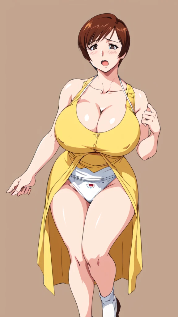 masterpiece, highest quality, High resolution, One girl, alone, sexual intercourse, Pornographic images, short hair, etsukoto, Fine grain, Fine grain, (((Thick thighs, Plump thighs, Voluptuous thighs, Enough thighs))), Big and ample breasts, Cleavage, Huge long breasts, Naughty big,((Big breasts are important))、((Naughty thighs)), L Cup, (thin:1.4),(Narrow waist:1.4),  (Perfect beautiful yellow dress:1.4), ((white waist apron)), anguish, open mouth, (((simple background))), ((White panties)), ((Wide Hips)), Shiny oily skin, Mature mother, Calf, Seductive mature woman, Perfect body, (((Thick))), Plus Size Model, etsukoto, blush, clavicle, retro artstyle, 1990s (style), full body, feet,