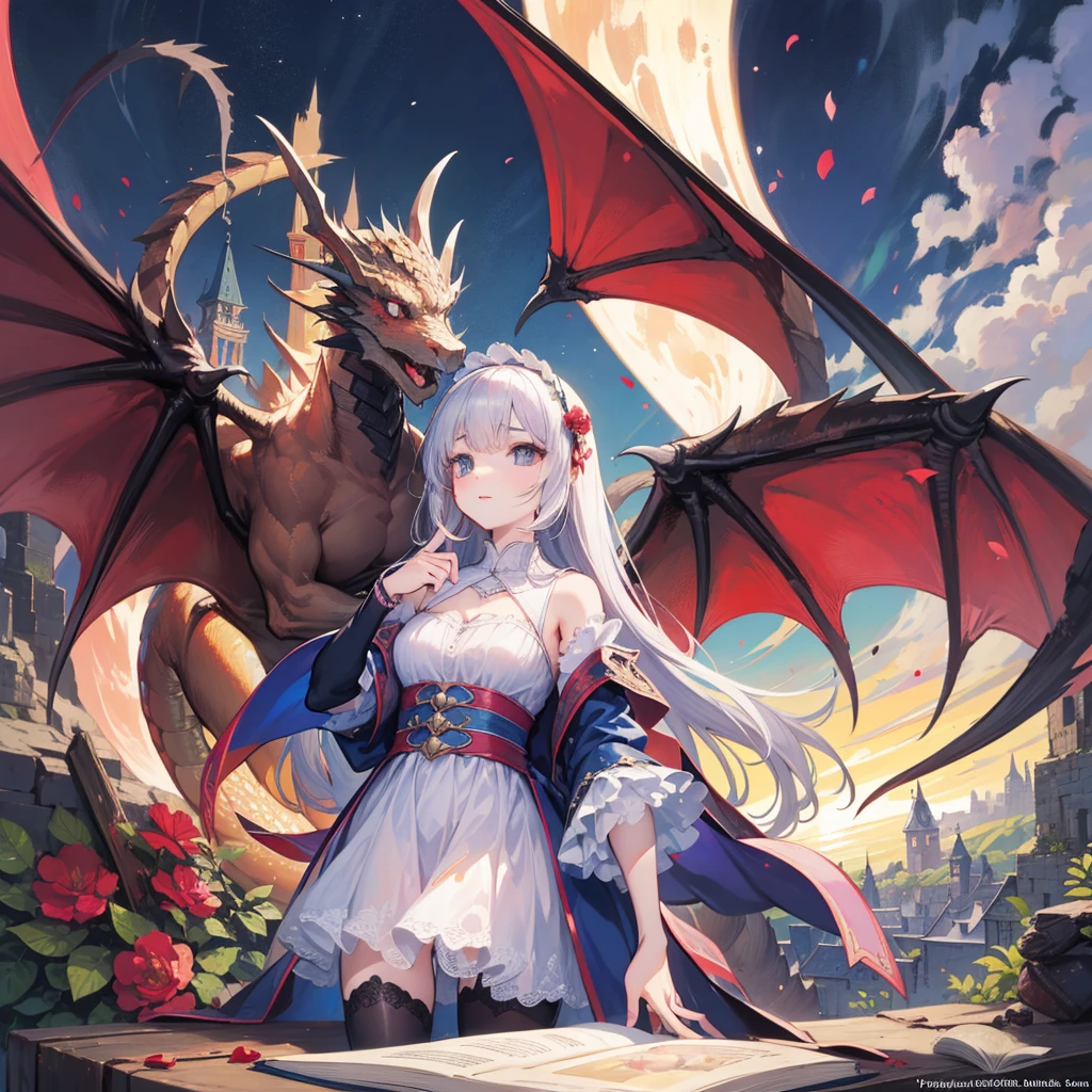 Fairy tale picture book,Grimm's fairy tales,picture,A collection of stories,daughter(Facial details),Dragon Wing,Block out the sky,Dragon's Roar,flying into the sky,Dragon Claw,Tearing the Dome of Heaven,Dragon's foot,Standing on the ground。girl
