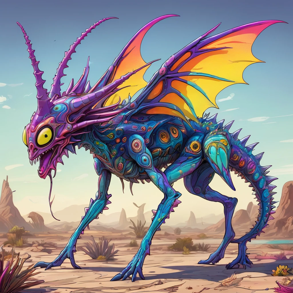 a small bizarre and strange looking brightly coloured alien. Showing the entire, highly detailed body from the side. The entire picture is full of details. Strange alien landscapes in the background. Big detailed wings and sharp teeth and fangs. a sharp abdominal stinger. tentacles and antennas and multiple eyes. long spiky legs. Scaley segmented body. Hypnotic and telepathic and psychedelic looking.