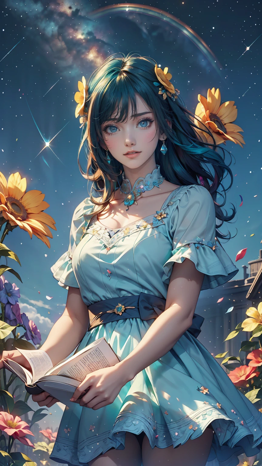 (Highest quality, masterpiece), One girl, Reading a book, particle, Wind, flower, Upper Body, Simple Background, View your viewers, Rainbow Hair, Teal short floating dress, universe, nebula, Milky Way
