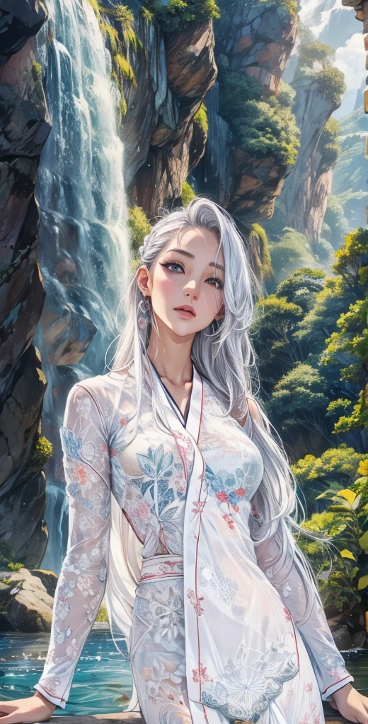 waterfall、Her white kimono is wet and transparent、waterfall修行、cute、40 year old Japanese woman、Silver Hair、長い髪のSilver Hair、My hair is wet too