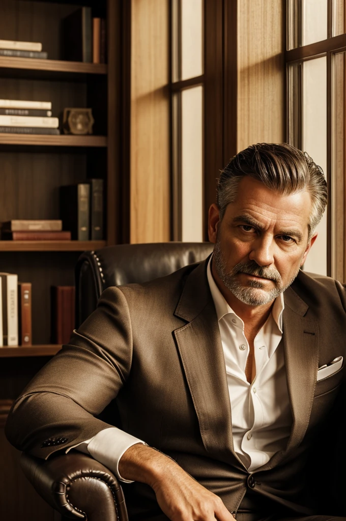 detailed portrait of a middle-aged man, realistic, photorealistic, high quality, intricate details, sharp focus, oil painting, dramatic lighting, warm color palette, chiaroscuro, cinematic composition, masculine features, mature expression, thoughtful gaze, clean-shaven, neatly groomed, wearing a crisp white dress shirt, impeccable tailored suit, sitting in a leather armchair, elegant office interior, wooden bookshelves, potted plants, natural window lighting
