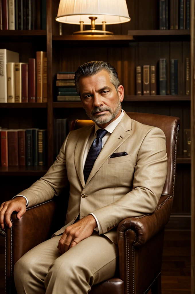 detailed portrait of a middle-aged man, realistic, photorealistic, high quality, intricate details, sharp focus, oil painting, dramatic lighting, warm color palette, chiaroscuro, cinematic composition, masculine features, mature expression, thoughtful gaze, clean-shaven, neatly groomed, wearing a crisp white dress shirt, impeccable tailored suit, sitting in a leather armchair, elegant office interior, wooden bookshelves, potted plants, natural window lighting