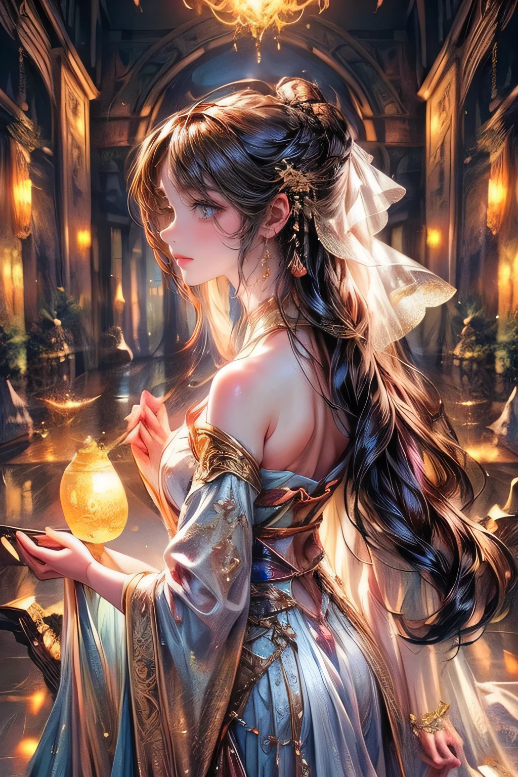 Masterpiece: 1.2, Highest Quality, Highres, 16k, Beautiful Detailed, Ultra-Realistic, Photo Realistic: 1.37, a beautiful and cute celestial maiden, take off hanfu dress and veil (bare shoulder, bare chest, strapless), detailed whole-body, beautiful detailed eyes, beautiful detailed lips, extremely detailed face, long eyelashes, flowing hair, elegant pose, fantasy shangri-la landscape background, glowing light, soft warm colors, cinematic lighting, intricate details, digital art