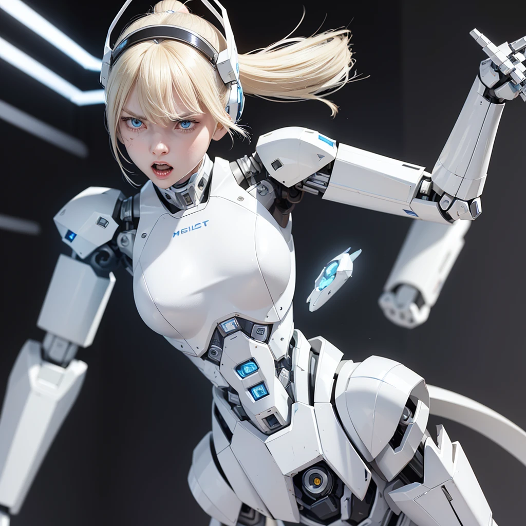 a girl with a full white cyborg body, featuring sleek and high-tech components. She has beautiful blonde ponytail and bangs, blue eyes, and an angry expression. with her polished mechanical limbs and torso emphasizing her intense emotions. ((white robot mecha headgear)), ((white cyborg body)), headband
