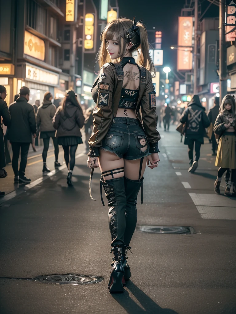 (Full Body View:1.3)、(Back view:1.4)、(Hostess:1.3)、(Smiling with teeth showing:1.3),(Shibuya Gal:1.5)、(y2k woman:1.4)、(Lolita Fashion:1.5)、(Punk RockVisual Kei:1.4)、(A modern short jacket in dark grey and moss green.:1.5)、(Tattered brown and charcoal denim low rise cargo pants:1.5)、(Mustard Yellow Headband:1.3)、(Charcoal and khaki striped knee socks:1.4)、collar、(Brown platform long boots)、(Clothing with logo pattern:1.4)、20-year-old、Browsing Caution,((Highest quality、In 8K、masterpiece:1.3))、Sharp focus:1.2、(Layered Cut、Huge breasts:1.1),Beautiful woman with perfect figure:1.4、(Dance vigorously:1.3)、Slim Abs:1.2、Butt、Highly detailed face and skin texture、Fine grain、double eyelid,(Twin tails:1.3)、(Brownish golden hair:1.3)、Obscene、Idol Sculpture、(A luxurious amusement park at night:1.3)、(Slimming your legs:1.4)、(The body is slim:1.3)、(clavicle:1.1)