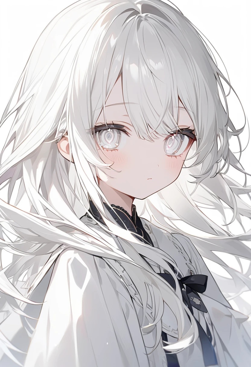 Anime Style、One person、One personの少女、off white色、off white、Girl、Light white hair、Hair color is off white、Thin hair white、Long Hair、Eye color is pale white、Pale white eyes、Off-white eyes、White eyes、真っWhite eyes、All of the eyes are off white、All-white girl、off white色のGirl、White background、White background、White room、There are highlights on the eyes、emotionless、cute、An endearing look、beautiful、eyes white