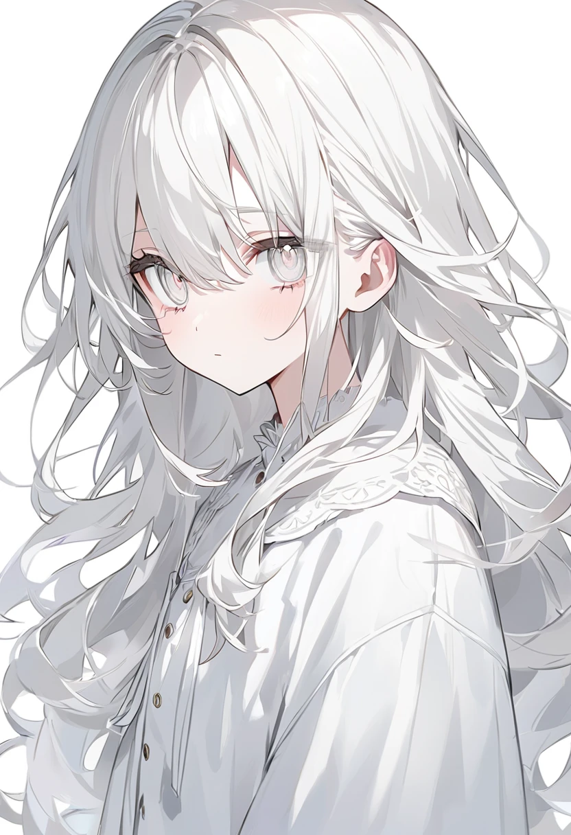 Anime Style、One person、One personの少女、off white色、off white、Girl、Light white hair、Hair color is off white、Thin hair white、Long Hair、Eye color is pale white、Pale white eyes、Off-white eyes、White eyes、真っWhite eyes、All of the eyes are off white、All-white girl、off white色のGirl、White background、White background、White room、There are highlights on the eyes、emotionless、cute、An endearing look、beautiful、eyes white