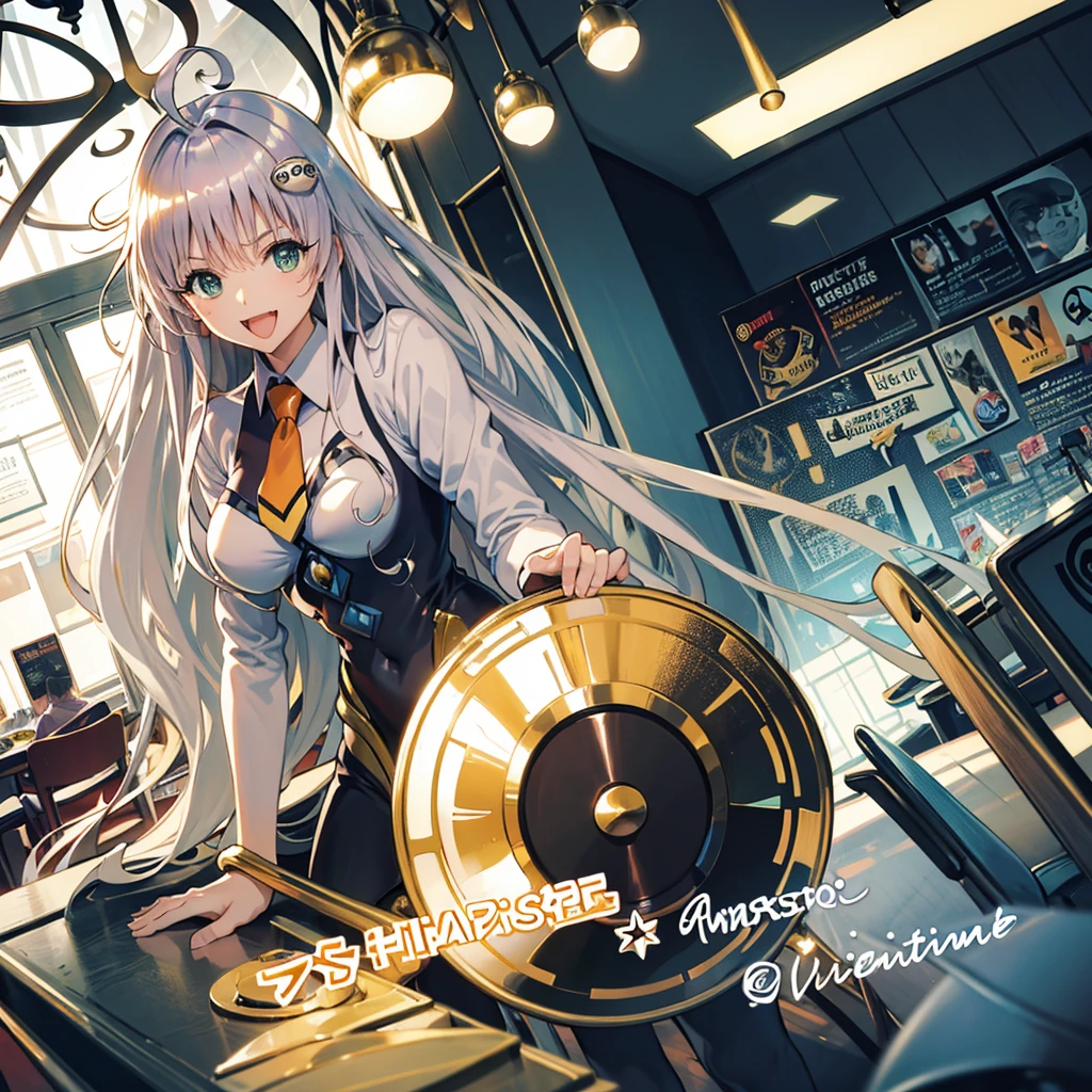 (masterpiece, best quality, detailed), 1girl, solo, looking at viewer, aalala, long hair, ahoge, hair ornament, green eyes, breasts,
pant suit, suit, formal, black suit, black pants, necktie, white shirt, sunglasses, indoors, casino, chandelier, roulette, pocker chip, money, dutch angle, pov across table, elbows on table, elbow rest, smile, open mouth, smug