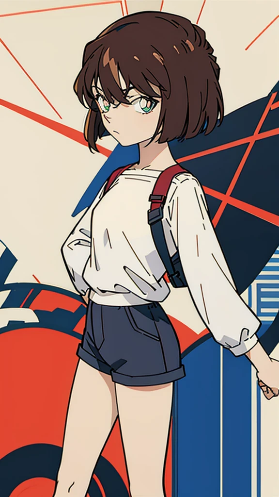 anime style, (1girl in, Solo:1.0), (Haibara Ai), ((Short pants)), (((Big eyes))), (Cute anime girl head), (flat chest),looking at viewer,With a height of 100cm, shoot from front, (head shot), Simple line minimalism, Abstract Art, City background