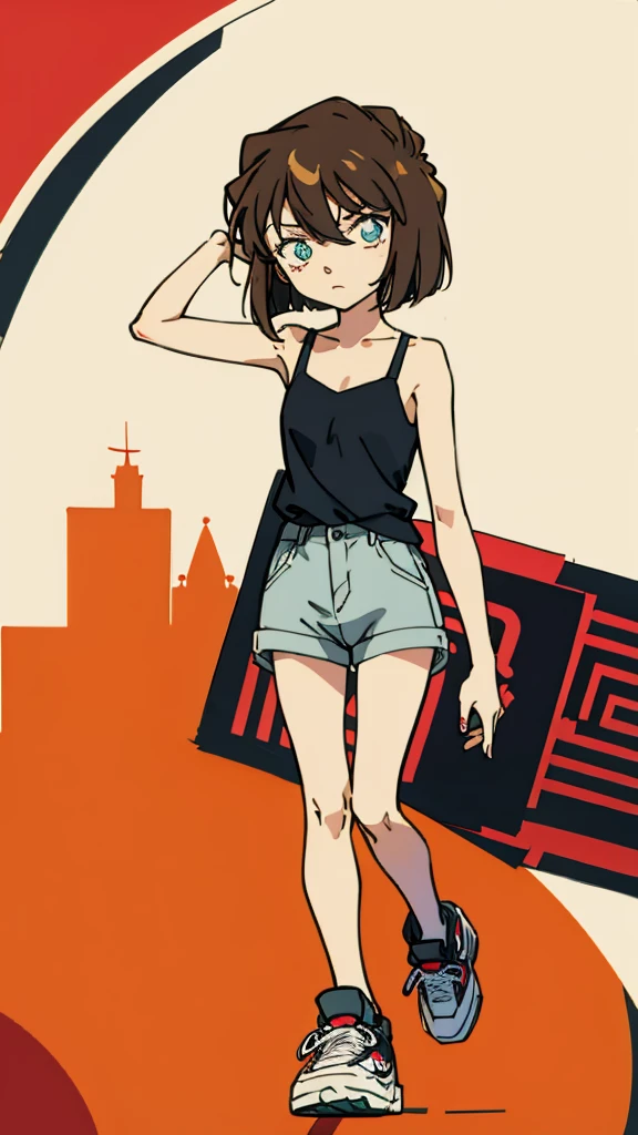 anime style, (1girl in, Solo:1.0), (Haibara Ai), ((Short pants)), (((Big eyes))), (Cute anime girl head), (flat chest),looking at viewer,With a height of 100cm, shoot from front, (head shot), Simple line minimalism, Abstract Art, City background