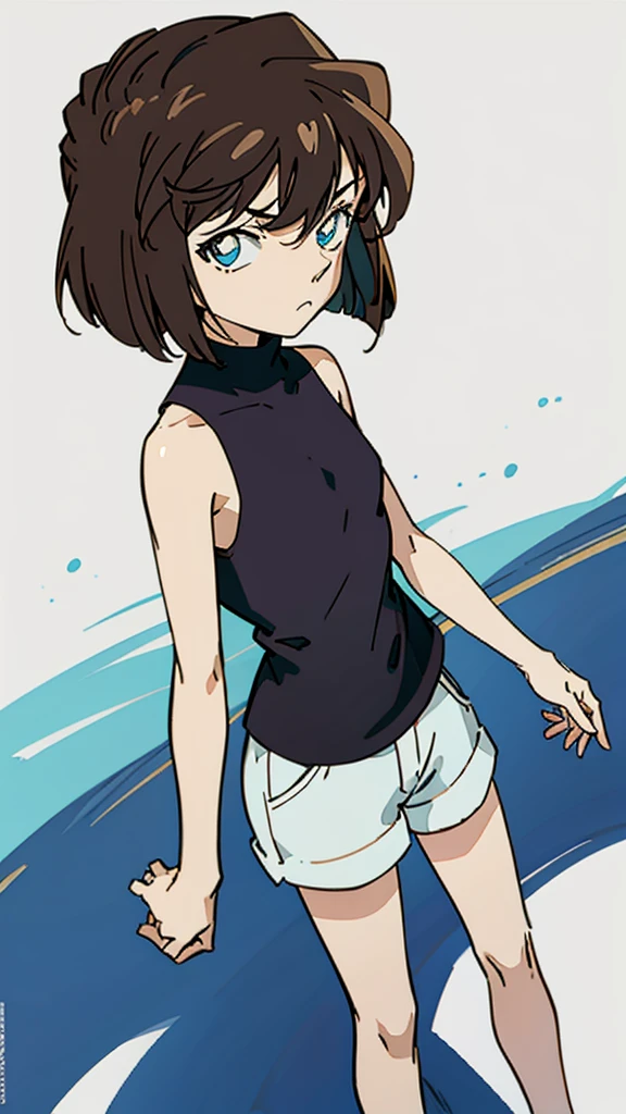 Best quality at best，tmasterpiece），1girll，Short hair girl，Tomboyish，Tomboyish，Black color hair，Sunburn，Gel coat，black reotard，swim wears，Slim attire，nakeness，minimalistic background