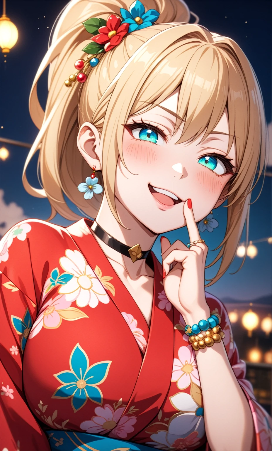 One personの女性)), Beautiful Face,Laughing embarrassedly,((Wink:2.0)),Laugh with your mouth wide open,((Bright red cheeks:1.4)),Glossy pink lips,night,rooftop,Festive decorations,You can see the ocean, firework,Glossy pink lips,Lighting on the face,((Anime style background)),masterpiece, Highest quality, so beautiful, Latest, Complex details, (Pink long nails),(ring),(flower bracelet),Floral choker,AI-generated, Complex,High resolution, Highest quality, super high quality,3D Images、View your viewers、3D Images,One person,Long blonde hair,High Ponytail,(Turquoise Eyes),Anime woman posing for a photo, (Fine grain,Colorful eyes,Shining Eyes:1.3),(Squint your eyes:1.1),a hyperRealistic , hyperRealistic , Realistic,Blonde anime woman with long hair, Smooth anime CG art, A woman in a colorful kimono with gold embroidery, (Pink long sleeve kimono),Red floral pattern,Long flower hair ornament,Large floral earrings,(ring),(Big Breasts:1.1),Mature Body,Tall,Big Ass,Narrow waist,Abdominal muscles,(Zoom in on face:2.2),(Shooting from an angle:1.5),(Tilt the angle:1.3)