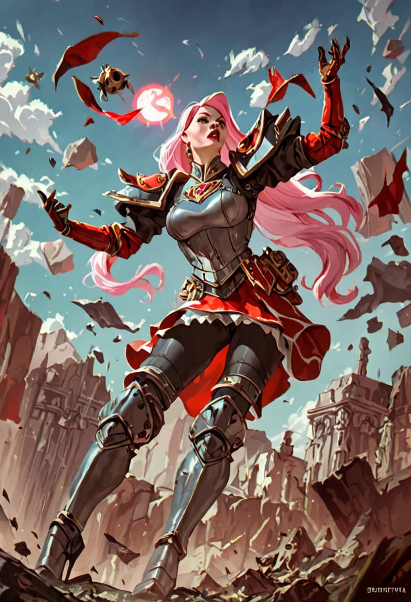 score_9, score_8_up, score_7_up, score_6_up, score_5_up, score_4_up, source_anime, ((adepta sororitas)) in power-armor from the Dark-angels, Belle Delphine as Alice in wonderland, mature female, dynamic pose, in apocalyptic style