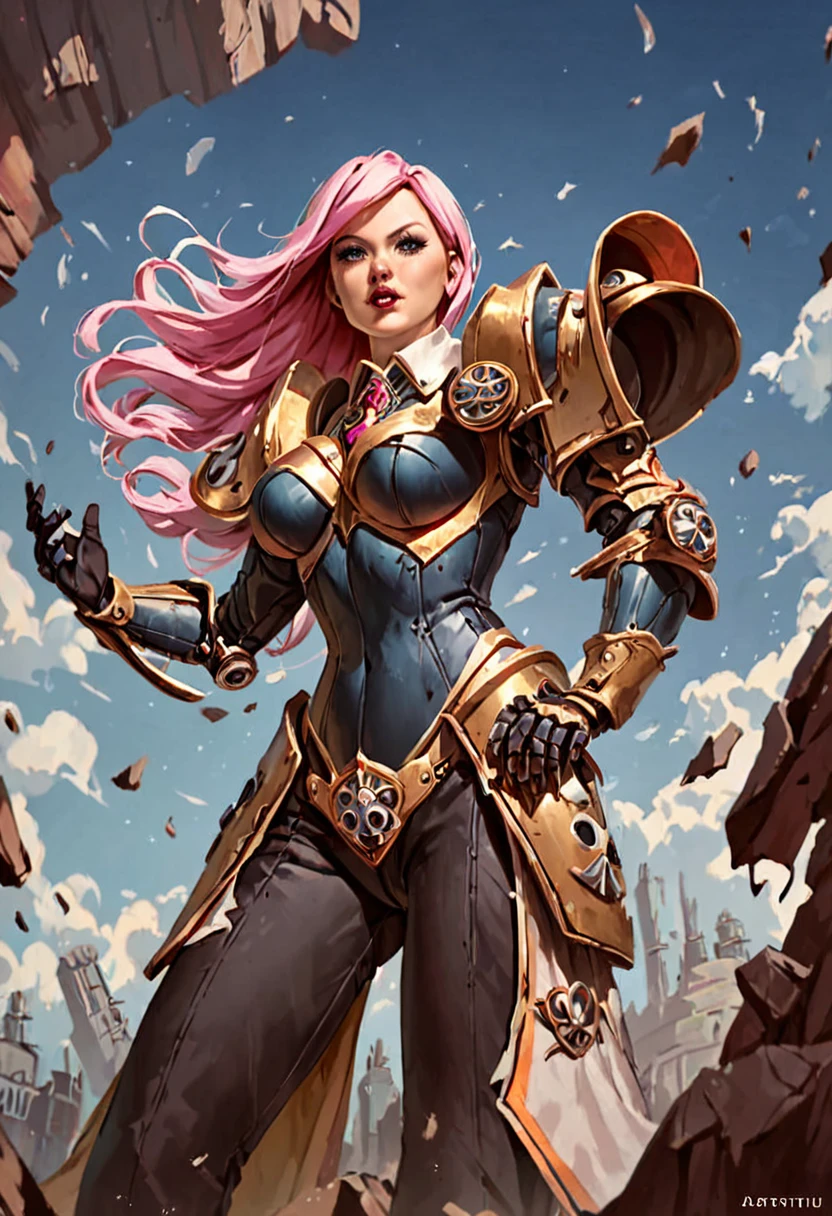 score_9, score_8_up, score_7_up, score_6_up, score_5_up, score_4_up, source_anime, ((adepta sororitas)) in power-armor from the Dark-angels, Belle Delphine as Alice in wonderland, mature female, dynamic pose, in apocalyptic style