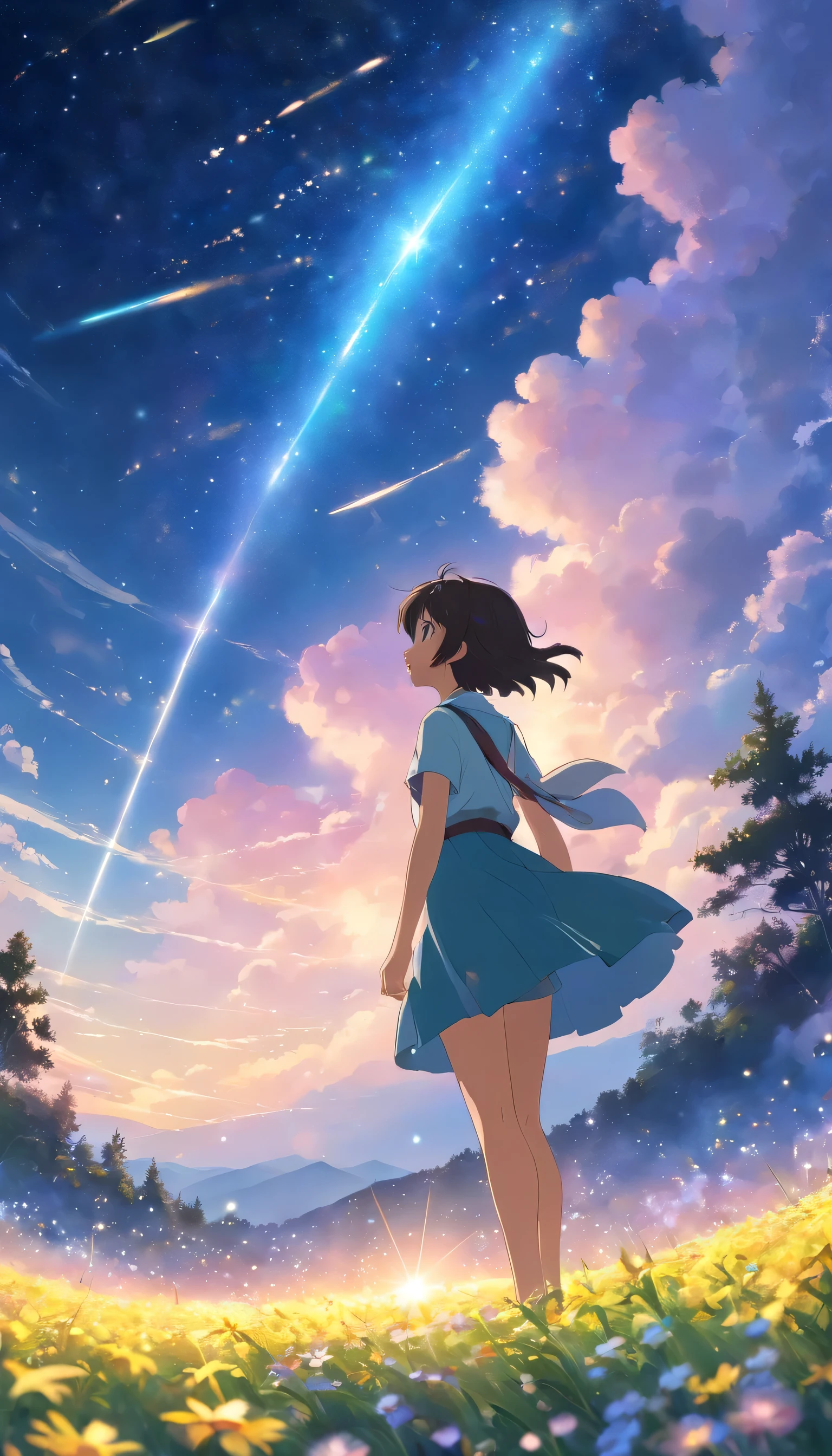Makoto Shinkai, Expansive landscape photograph , (View from below,STARS DAYTIME SKY), a girl standing on flower field looking up, ( meteors:0.9), (Starcloud:1.3), Far Mountain, Tree forest BREAK Production Art, (stars daytime sky:1.2), (Firefly:1.2), stars daytiime sky