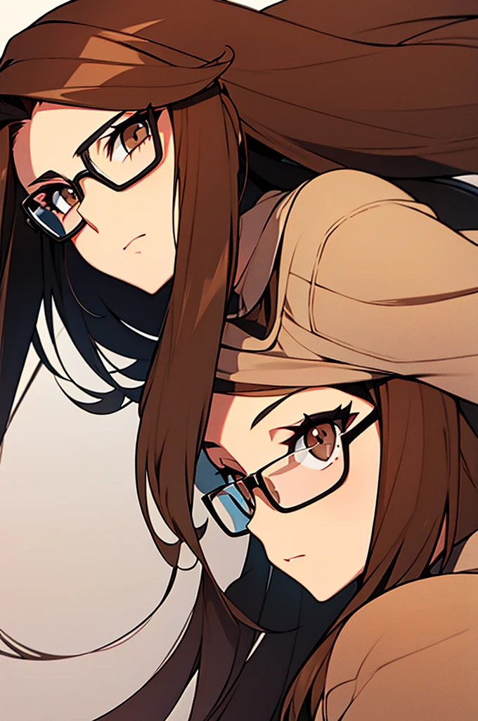 Mujer, long brown hair, con gafas redondas, Brown eyes