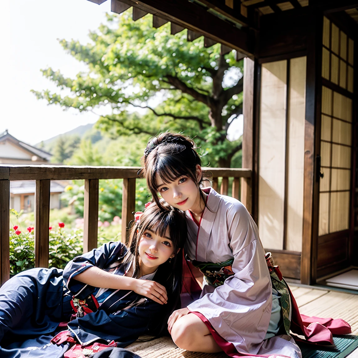 ((最high quality, 8k, masterpiece: 1.3, Ultra HD, high quality, 最high quality, High resolution, realism)) 、Beautiful Japan woman at 22 years old、Straight hair、smile、Slender body、Wear accessories on your wrist、Sitting on the balcony of a Japanese house in the countryside of Japan、(Sleeping on your back:1.2)、summer、Wind chimes are hanging from the eaves.、barefoot、fan、In front of the balcony is a courtyard.、wear a Yukata