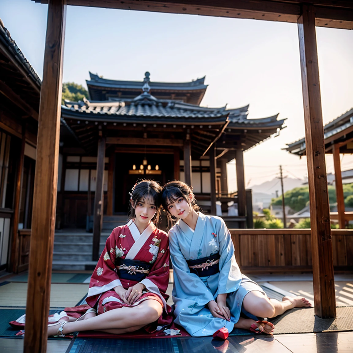 ((最high quality, 8k, masterpiece: 1.3, Ultra HD, high quality, 最high quality, High resolution, realism)) 、Beautiful Japan woman at 22 years old、Straight hair、smile、Slender body、Wear accessories on your wrist、Sitting on the balcony of a Japanese house in the countryside of Japan、(Sleeping on your back:1.2)、summer、Wind chimes are hanging from the eaves.、barefoot、fan、In front of the balcony is a courtyard.、wear a Yukata