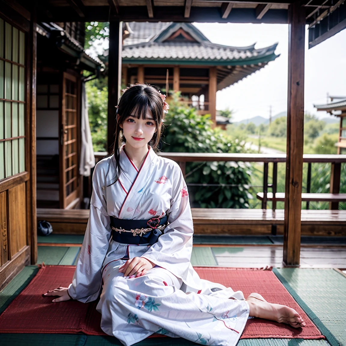 ((最high quality, 8k, masterpiece: 1.3, Ultra HD, high quality, 最high quality, High resolution, realism)) 、Beautiful Japan woman at 22 years old、Straight hair、smile、Slender body、Wear accessories on your wrist、Sitting on the balcony of a Japanese house in the countryside of Japan、(Sleeping on your back:1.2)、summer、Wind chimes are hanging from the eaves.、barefoot、fan、In front of the balcony is a courtyard.、wear a Yukata